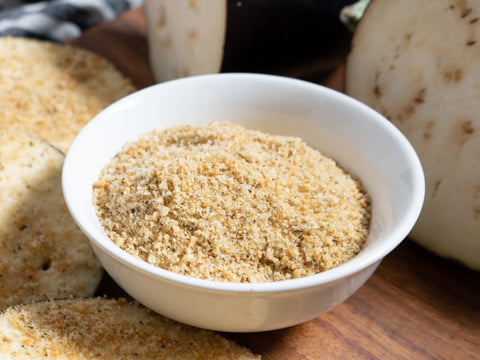 Bowl of gluten-free bread crumbs showing fine, evenly textured crumb for cooking and baking