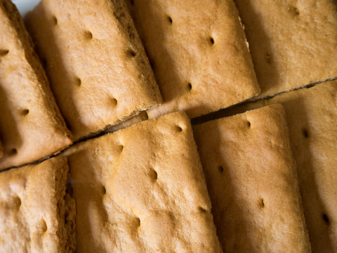 Close-up of gluten-free graham crackers from Outside The Breadbox, showing baked texture and perforated tops